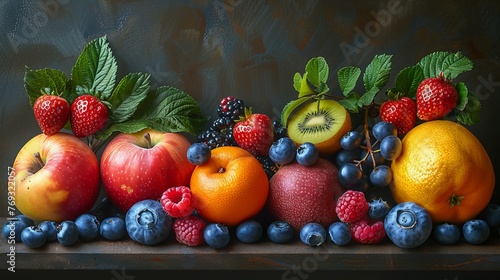 a realistic photo of several fruits all together  of the most varied types and colors