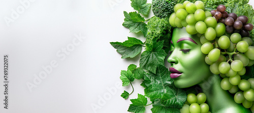 Artistic concept of a woman with green grape bunches and foliage.