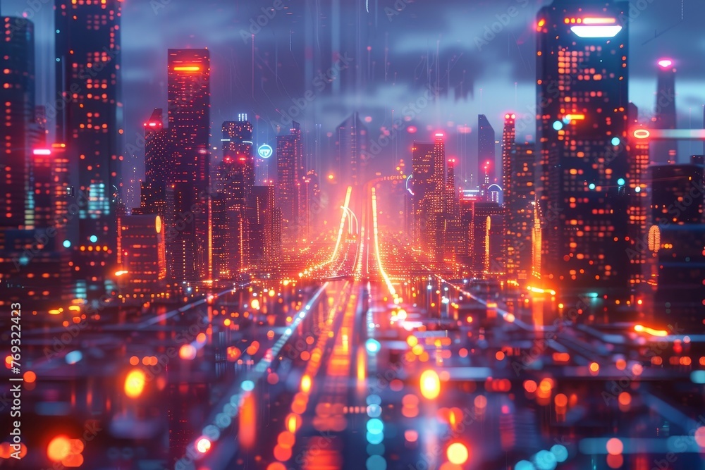 A futuristic 3D visualization of a cyber cityscape with advanced digital infrastructure and neon lights 