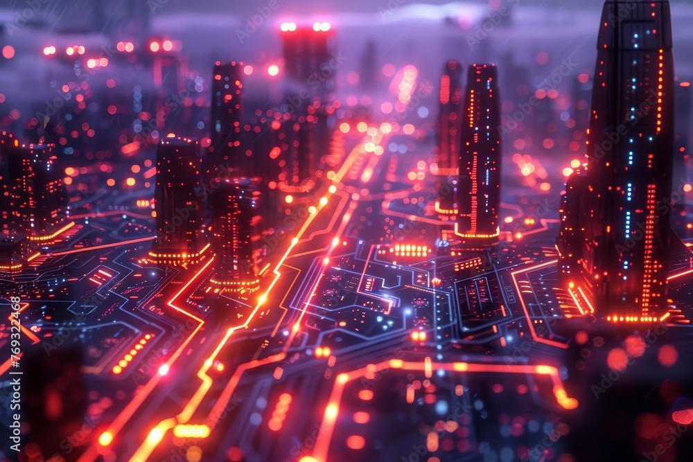 A futuristic 3D visualization of a cyber cityscape with advanced digital infrastructure and neon lights A futuristic 3D visualization of a cyber cityscape with advanced digital infrastructure and neon lights