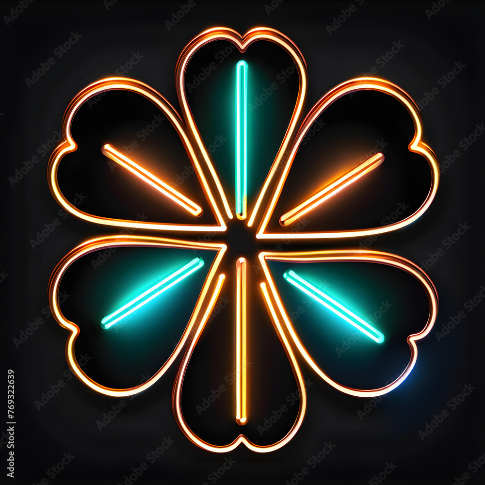 Fototapeta premium Unique Copper Neon Four-Leaf Clover Icon: Charm and Luck(Generative AI)