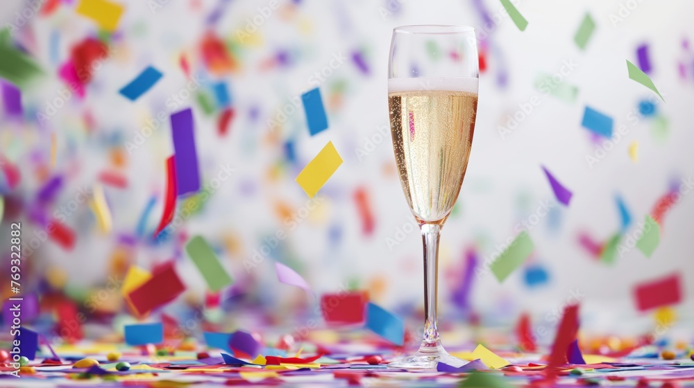 Champagne glass with confetti, celebration of success and festivities. - obrazy, fototapety, plakaty 