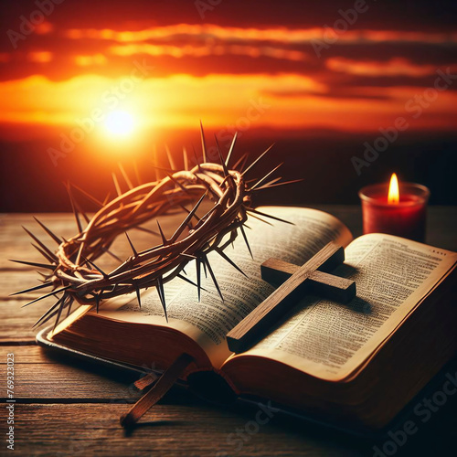 Crown of thorns on bible with light bokeh background
