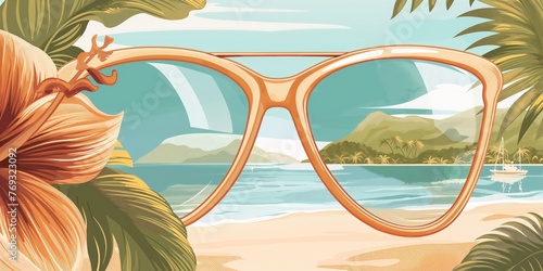 Illustration of sunglasses reflecting a tropical beach, summer concept.