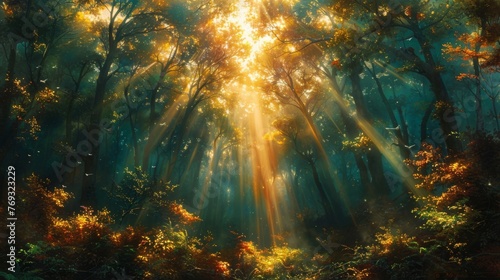 A forest scene with a beam of sunlight breaking through the canopy. The rays of light seem to dance and vibrate illuminating the trees and foliage with an ethereal otherworldly