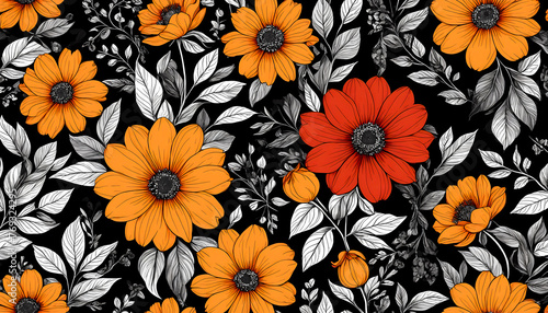 Hand draw illustration of beautiful flowers  deep red and orange on black background