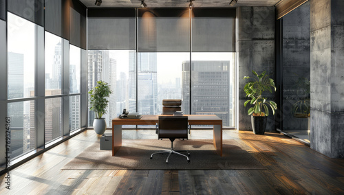 Modern office with floor-to-ceiling windows, desk and chair overlooking the city skyline.