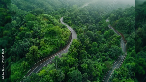 Beautiful curve road on green forest in the rain season