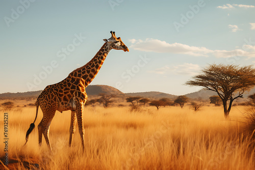 A graceful giraffe walks through the tall grass of the African savanna at sunset, with acacia trees in the background © Breyenaiimages