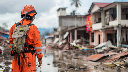 Disaster Response Team Member Surveying Damage
. A rescue worker in a bright orange uniform stands amid the devastation of a natural disaster, surveying the damaged area.
 photo