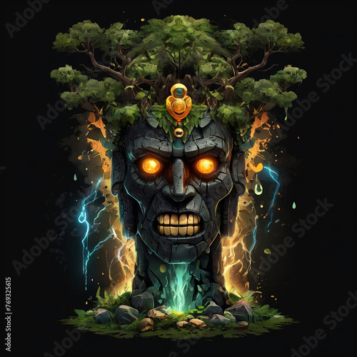 Ancient cartoon totem character illustration on black backround