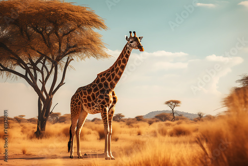A graceful giraffe walks through the tall grass of the African savanna at sunset, with acacia trees in the background