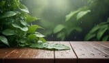 A picturesque shot of the natural beauty of an empty wooden tabletop, surrounded by fluffy greenery and drops of rainwater teeming on leaves.