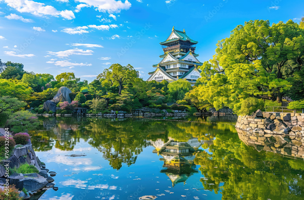 The majestic castle of Osaka stands tall in the background, while lush greenery and meticulously manicured gardens surround it
