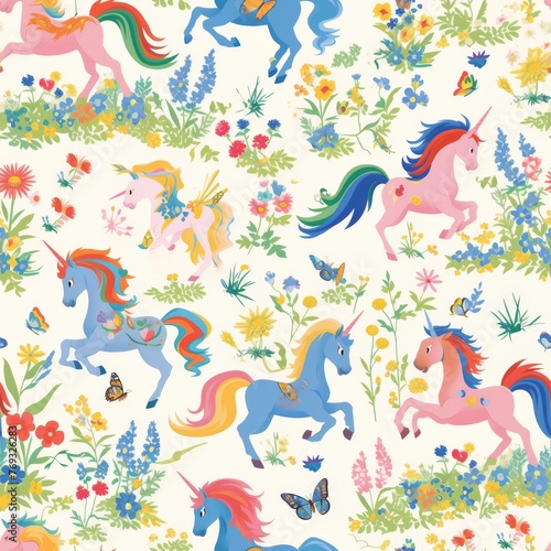 Prancing ponies with rainbow manes frolic across fields of wildflowers  accompanied by flitting butterflies in a magical seamless pattern  perfect for a whimsical wallpaper or a fairy-tale fabric.