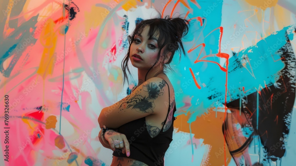 Fototapeta premium Capturing the essence of individuality, a tattooed young woman stands defiantly with an abstract colorful background, her tattoos narrating a story of personal artistry and bold expression.