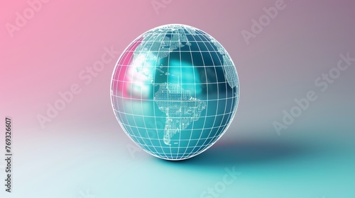 A 3D globe icon with digital grid lines  on a pastel indigo background