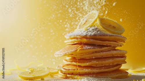 A tall pile of fluffy pancakes topped with zesty lemon slices and an energetic splash of syrup against a bright yellow background