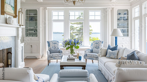 Coastal cottage sitting room, white living room interior design and country house home decor, sofa and lounge furniture, English countryside style