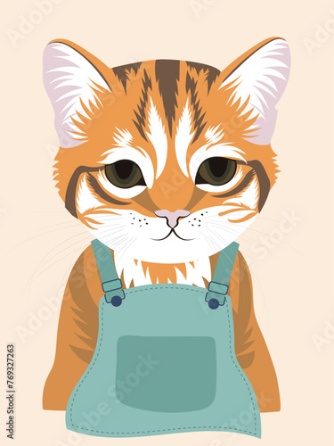Ginger cat-wearing overalls, Portrait of a Lonely on a cream background. Vector illustration.