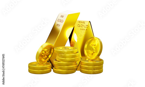 3d rendering Golden Stack of Money Coins and Gold bars 
