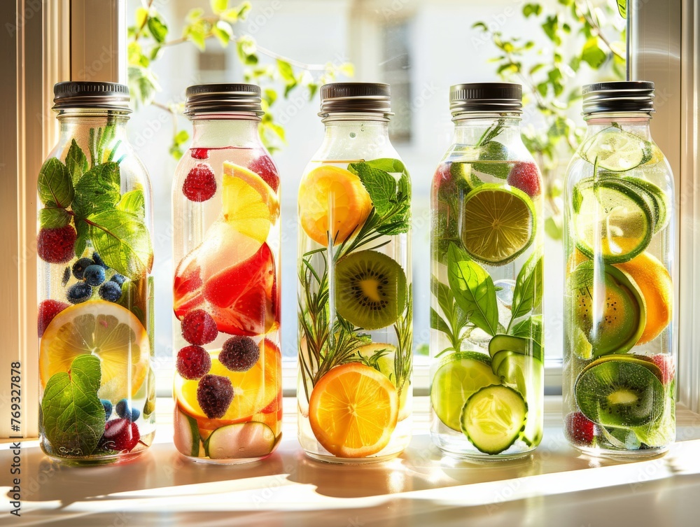 Sunlit glass bottles filled with fruit-infused water, showcasing a vibrant array of berries, citrus, and kiwi, offer a visually delightful hydration choice. Sunlit glass bottles filled with fruit-infused water, showcasing a vibrant array of berries, citrus, and kiwi, offer a visually delightful hydration choice.