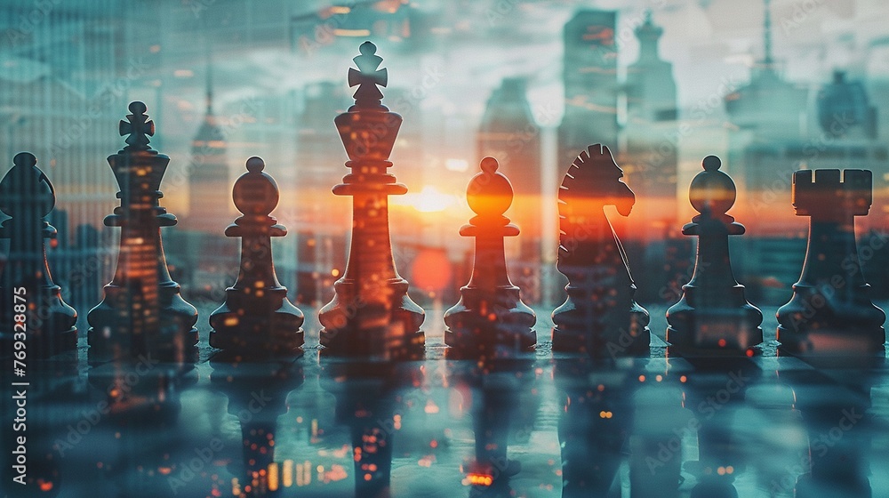 Business chess move with urban backdrop, double exposure, modern life metaphor - obrazy, fototapety, plakaty 