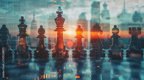 Business chess move with urban backdrop, double exposure, modern life metaphor