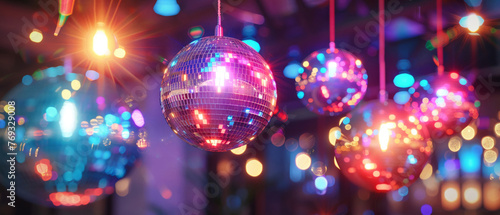 Disco balls setting the mood at night party, colorful light dance, party vibes