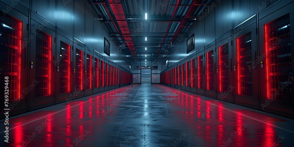 Server racks in a dimly lit data center showcasing cryptocurrency mining and big data storage for the Internet of Things. Concept Cryptocurrency Mining, Data Center, Internet of Things, Server Racks