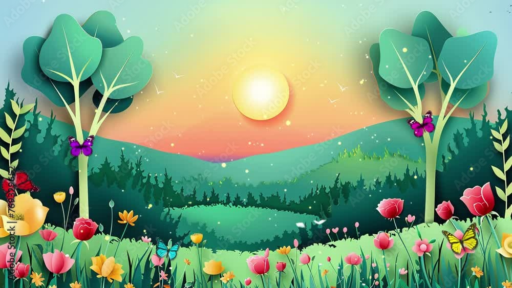 beautiful nature scenery paper cut art spring blooming. seamless looping overlay 4k virtual video animation background