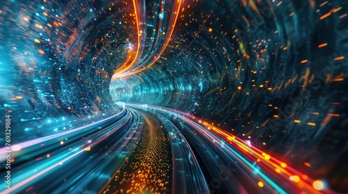 Single photon traveling through a dark tunnel with vibrant colors, representing the digital world.