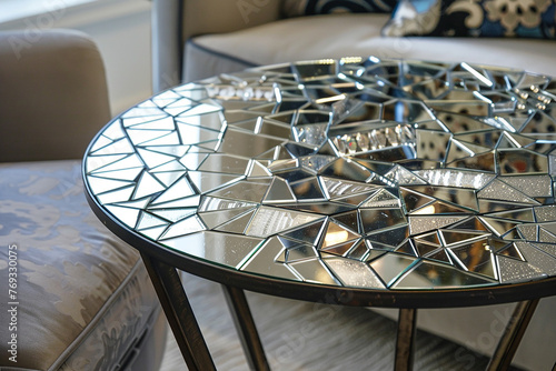 /imagine: A transitional-style side table with a mirrored mosaic top, reflecting shards of light and adding a touch of glamour to any living space. --ar 3:2 --v 6.0 - Image #1 @Zoha Noor
 photo