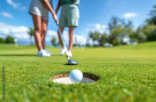 Man and woman playing golf on the green, putting the ball into the hole.