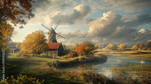 Countryside Serenity Windmill in a Picturesque Village Landscape