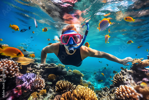 A snorkeler explores the underwater wonderland of a coral reef, surrounded by a variety of colorful tropical fish