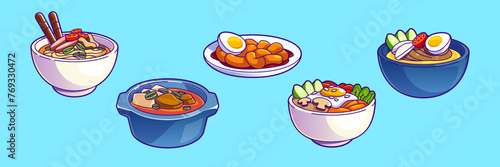Korean traditional food collection. Cartoon vector illustration set of dinner meal in bowl and with chopsticks. Oriental cooked eating of soup and noodle, meat and eggs, vegetables and spice on plates