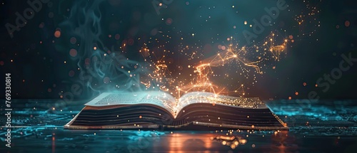 A glowing book with magical symbols flying out of it depicting the power of knowledge and education