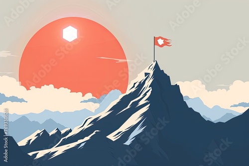 A minimalist poster of a mountain with a flag planted at its summit representing the pinnacle of success photo