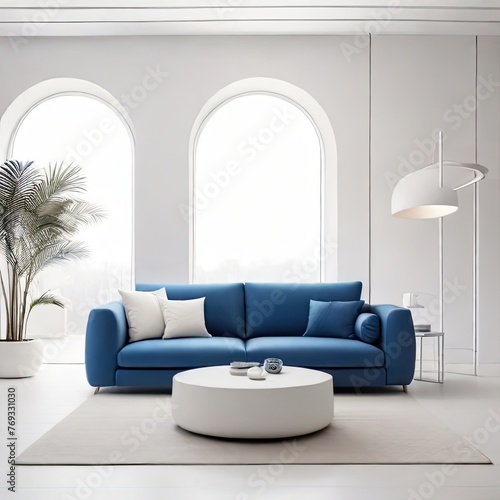 White minimal living room  everything in the room is white  white walls flushed white doors white ceiling highlighting the scene with blue minimal sofa white interior lighting