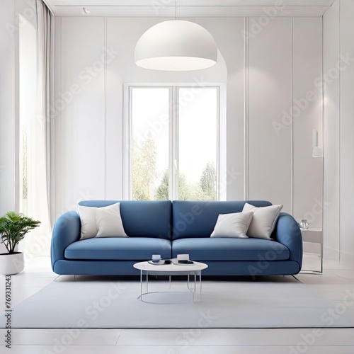 White minimal living room  everything in the room is white  white walls flushed white doors white ceiling highlighting the scene with blue minimal sofa white interior lighting