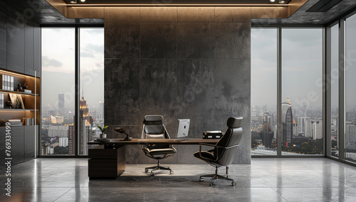 Modern office interior with panoramic windows overlooking the city, featuring dark gray concrete walls and wood accents for an elegant atmosphere