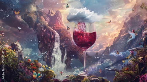 A Burgundy wine glass stands at the foot of a mountain, with a white cloud in the shape of a wine bottle on top of the glass 