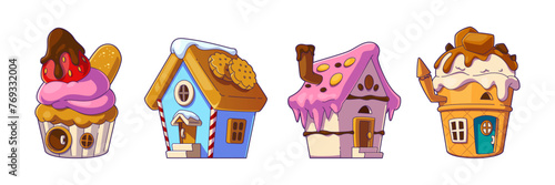 Fantasy candy land houses made from sweet desserts. Cartoon vector set of fantastic dreamland landscape home and cottage made of chocolate and cookies, ice cream and waffle, icing and caramel.