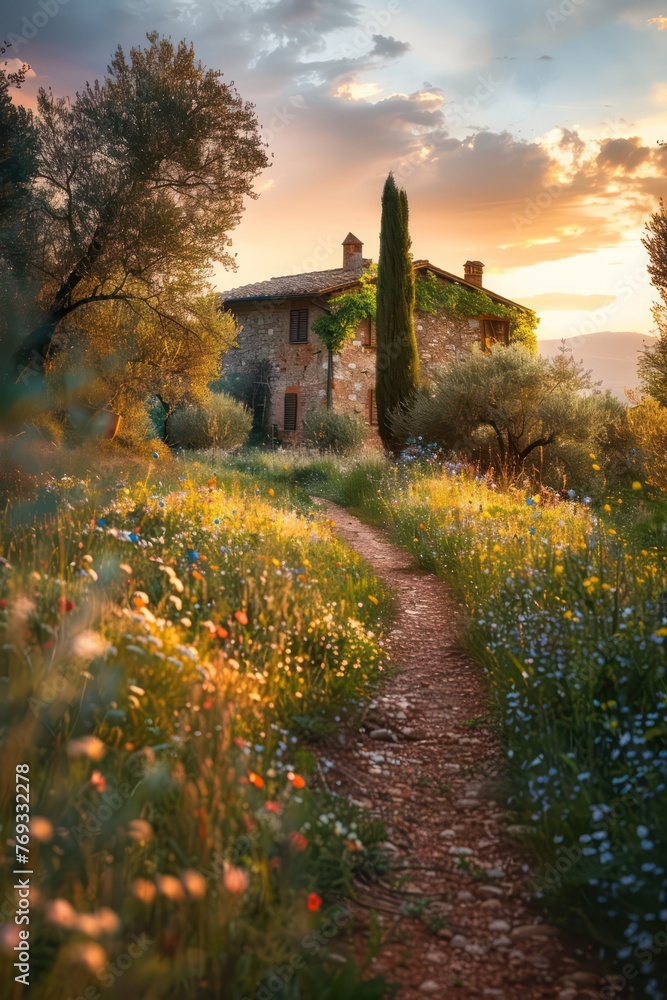 Obraz premium A secluded house surrounded by flowers and wild grass, in the evening with the setting sun
