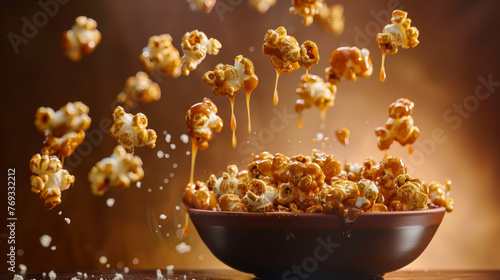 Visually striking shot of caramel popcorn caught in mid-air, symbolizing fun and lightness photo