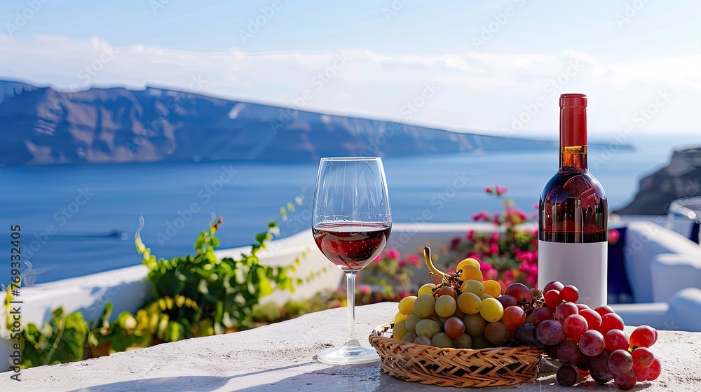 a greek bottle of wine on a table, idyllic  