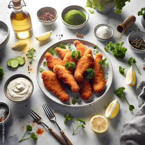 Kibbeling Fried Fish with Tartar Sauce on Marble Counter photo