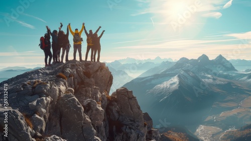 Friends celebrating on mountain peak, adventure and success. photo