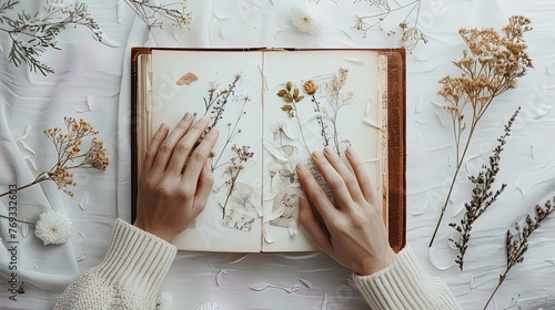 Womans hands hold a book on a white background with dried flowers.